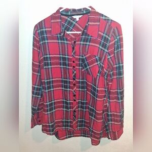 Krazy Kat Tartan Plaid Button Down Cotton Top Christmas HolidayM